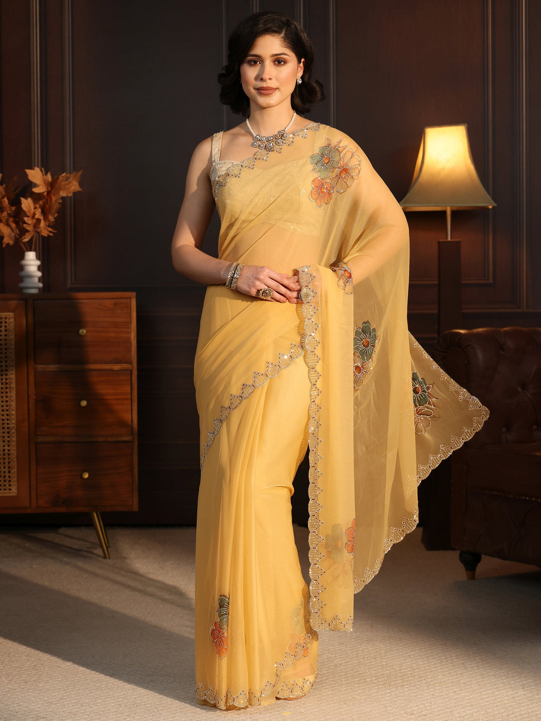  Libas Mustard Floral Embellished Chiffon Saree 