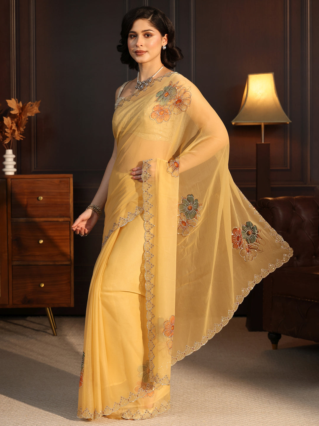  Libas Mustard Floral Embellished Chiffon Saree 