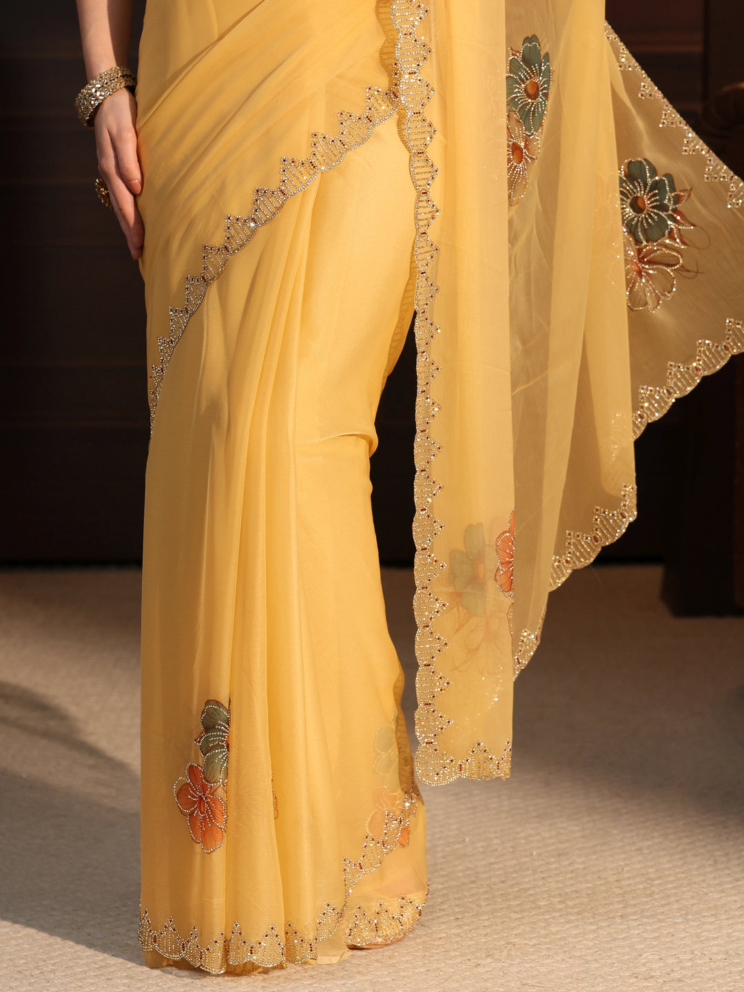  Libas Mustard Floral Embellished Chiffon Saree 