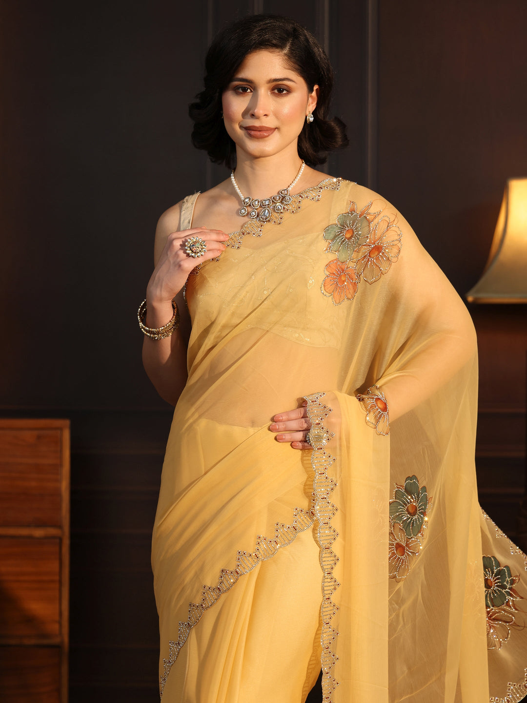  Libas Mustard Floral Embellished Chiffon Saree 