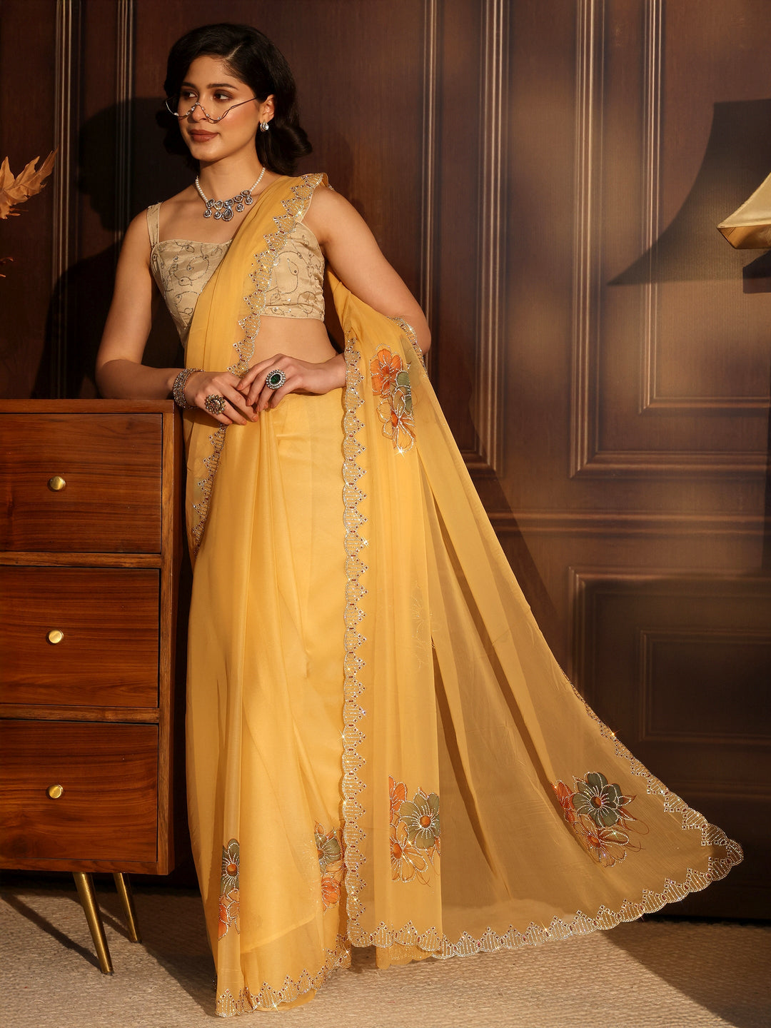  Libas Mustard Floral Embellished Chiffon Saree 