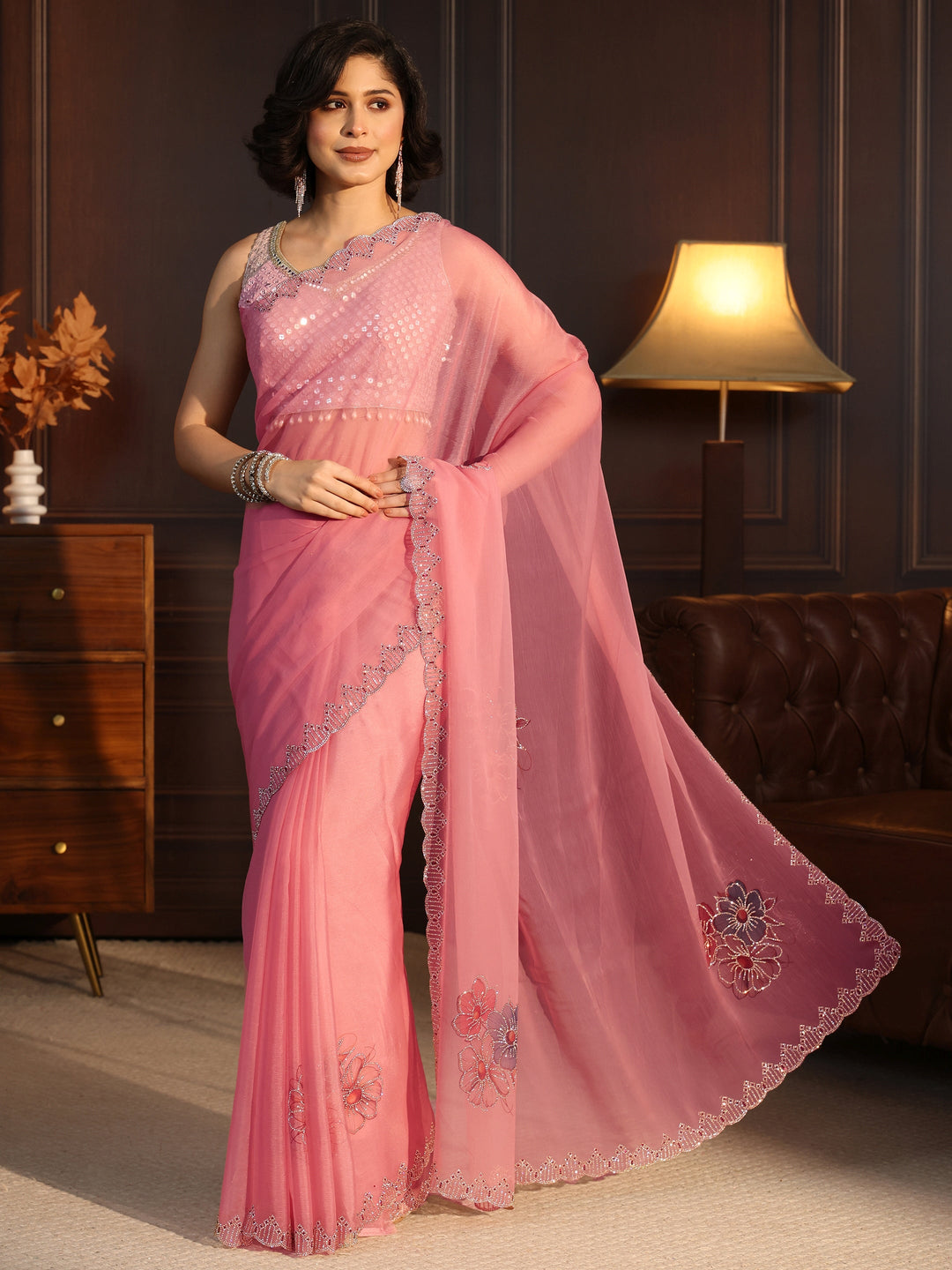  Libas Pink Floral Embellished Chiffon Saree 