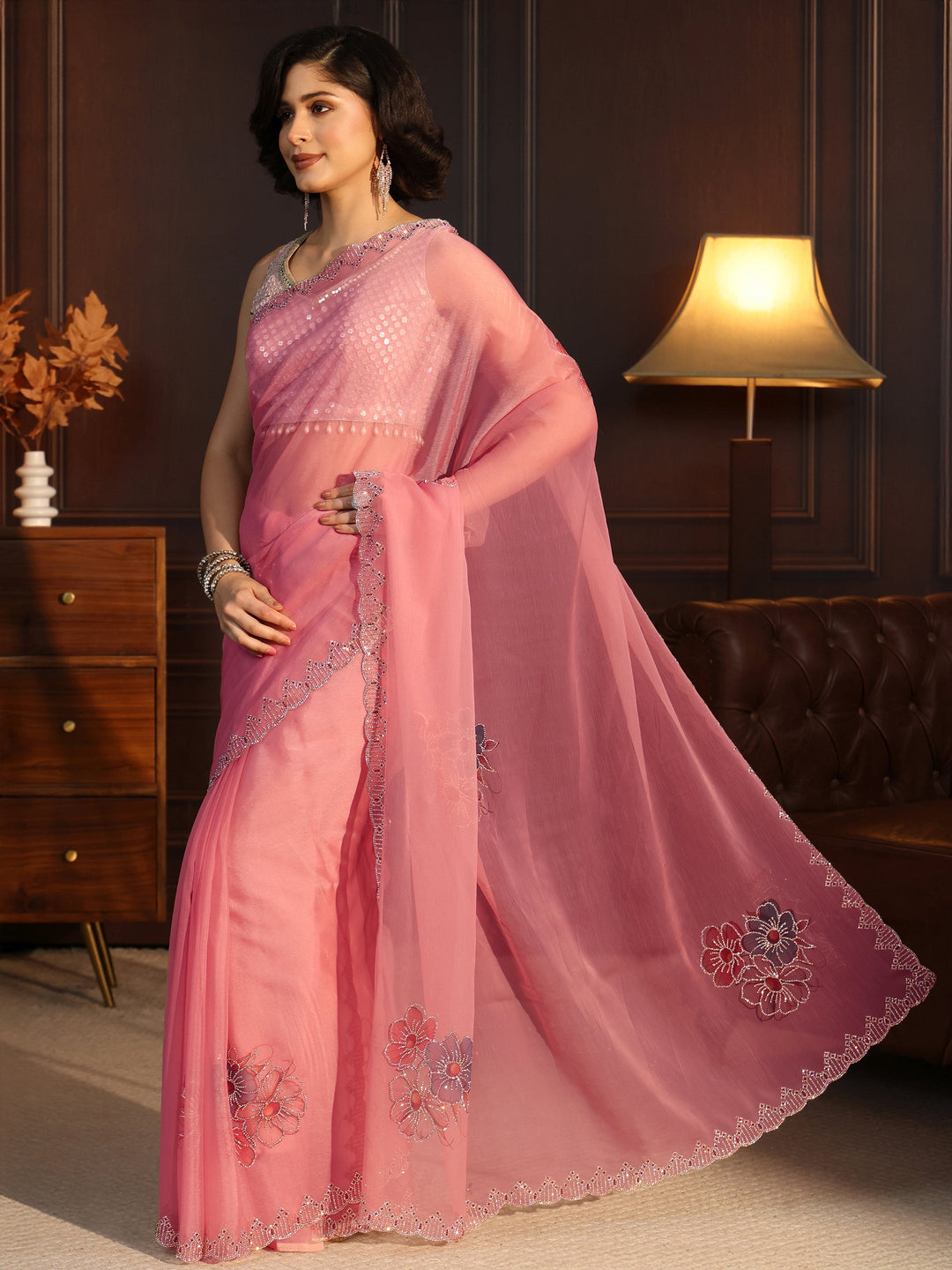  Libas Pink Floral Embellished Chiffon Saree 