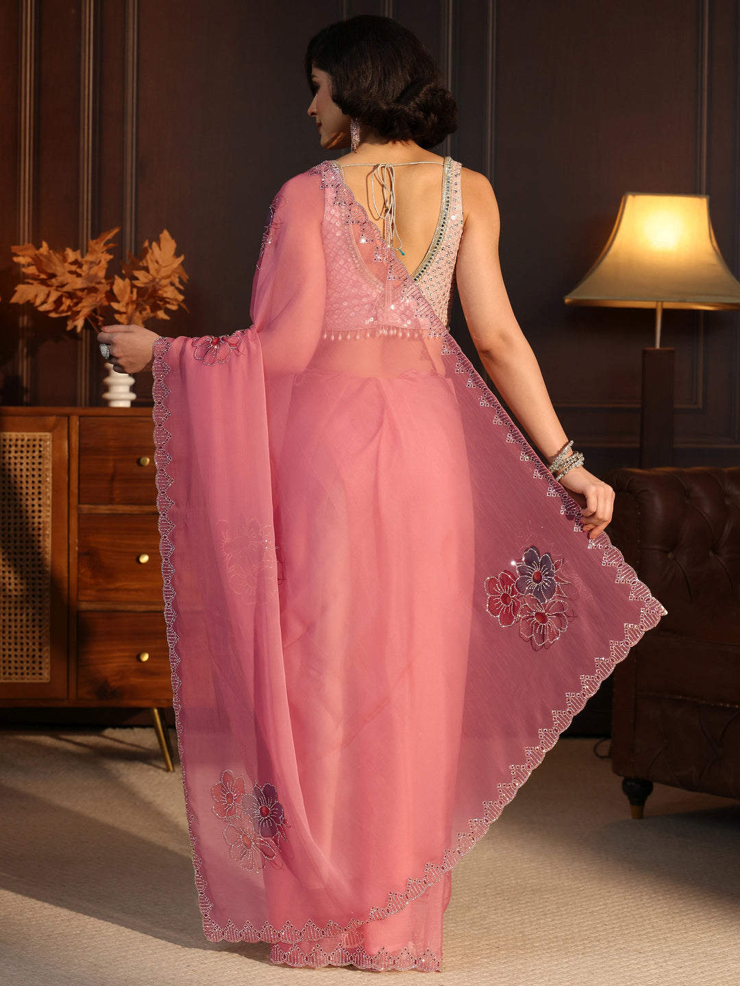  Libas Pink Floral Embellished Chiffon Saree 