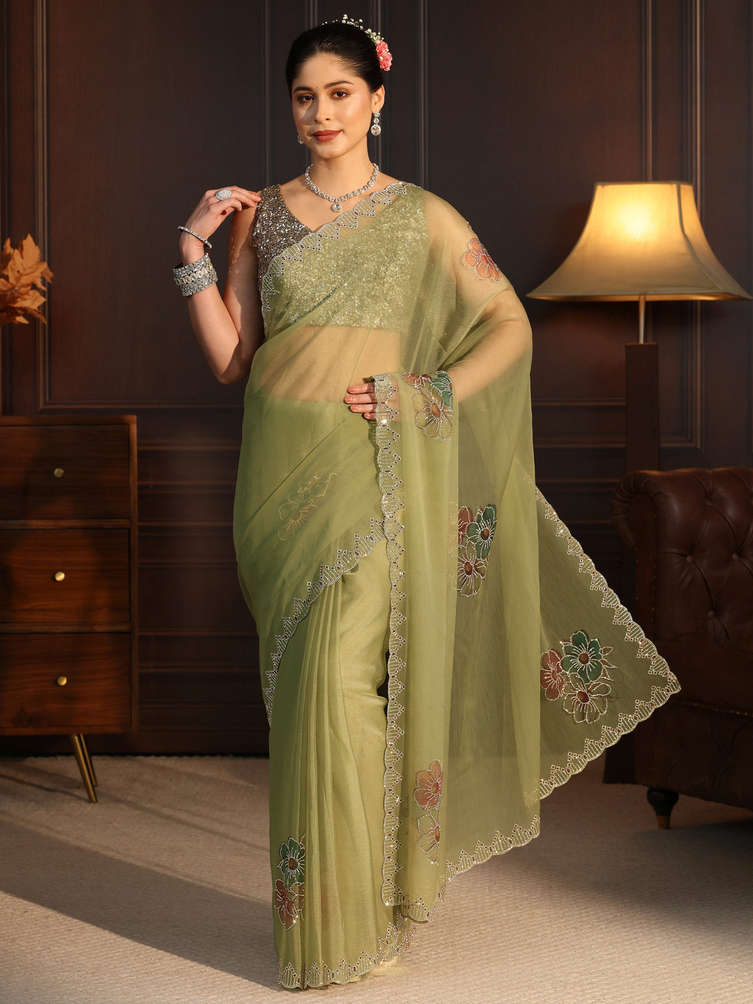  Libas Green Floral Embellished Chiffon Saree 