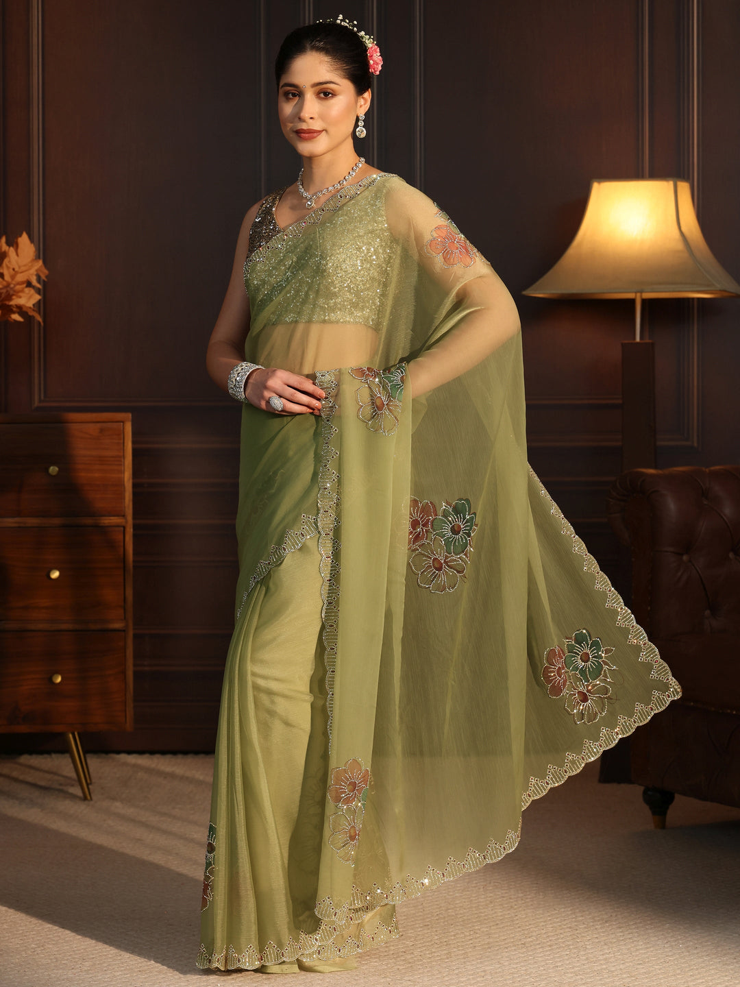  Libas Green Floral Embellished Chiffon Saree 