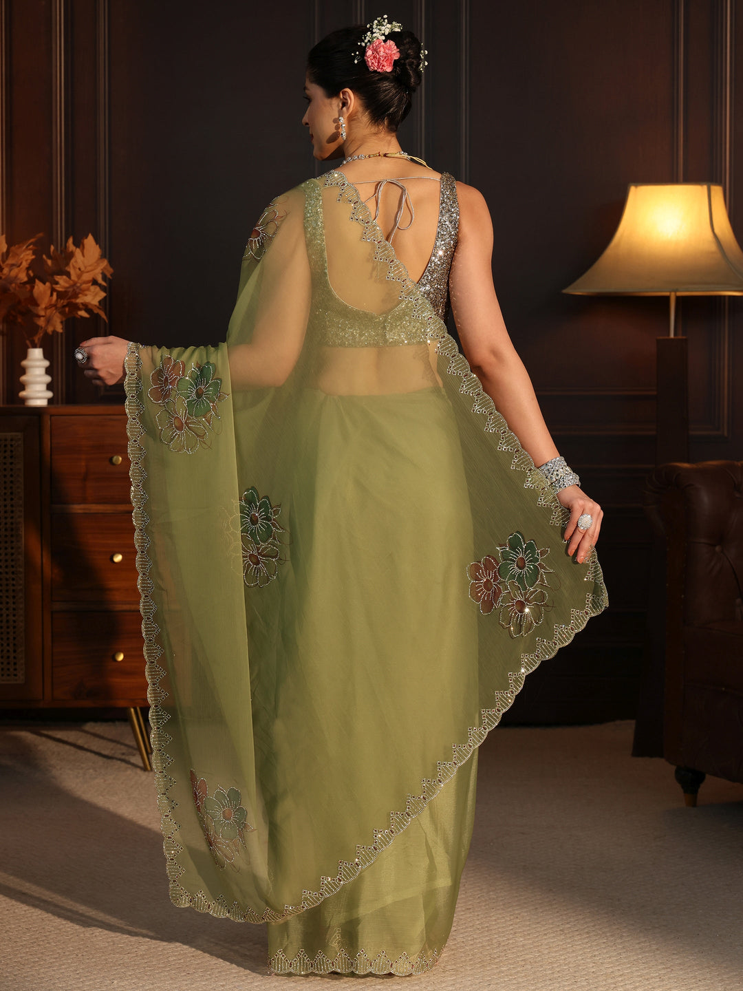  Libas Green Floral Embellished Chiffon Saree 