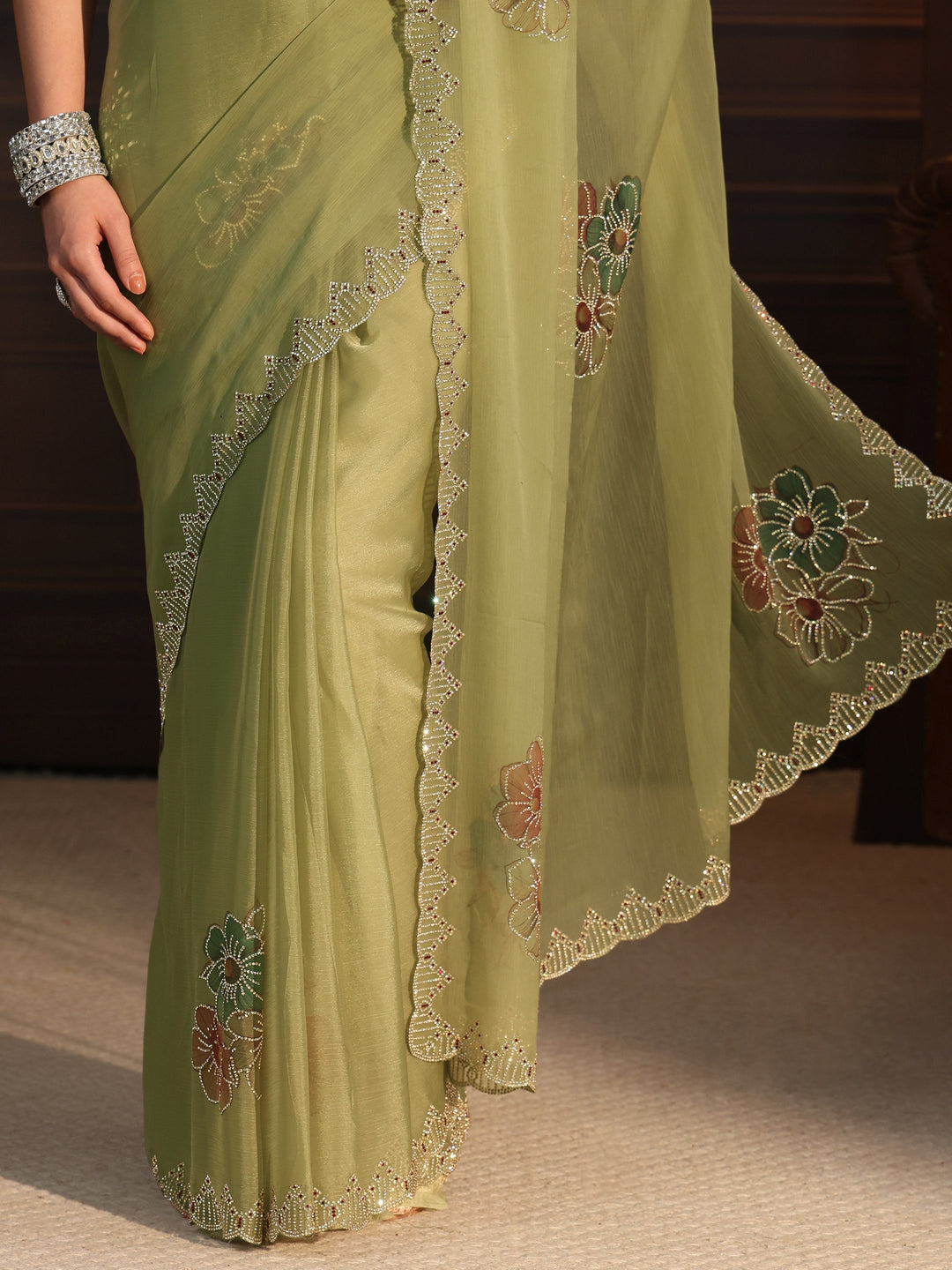  Libas Green Floral Embellished Chiffon Saree 