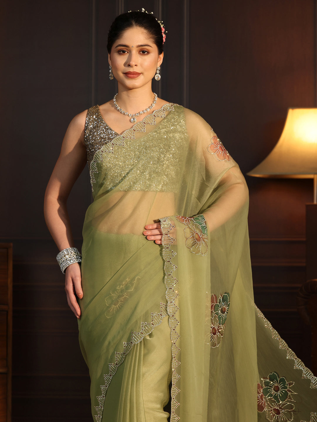 Libas Green Floral Embellished Chiffon Saree 