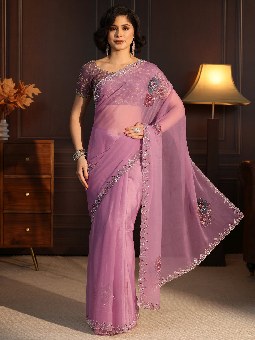  Libas Lavender Floral Embellished Chiffon Saree 
