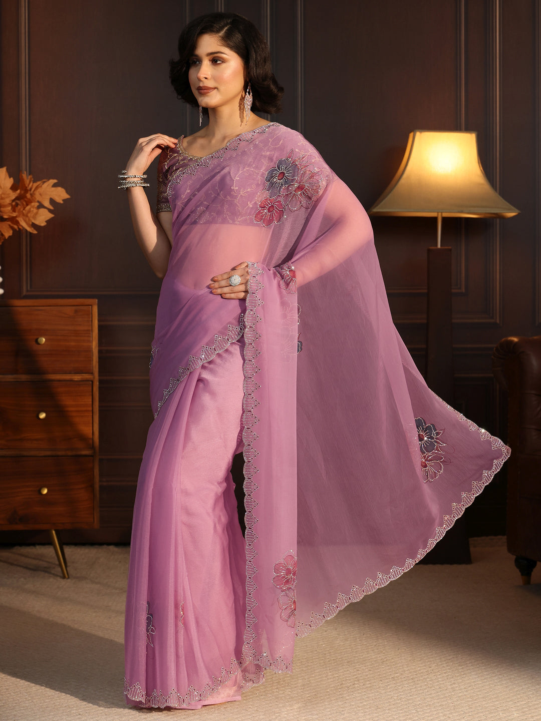  Libas Lavender Floral Embellished Chiffon Saree 
