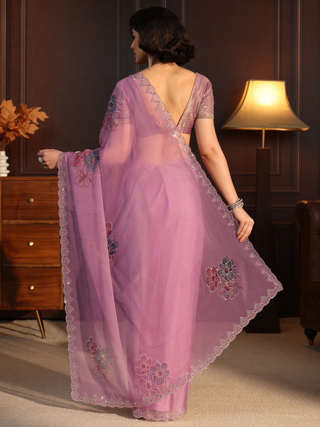  Libas Lavender Floral Embellished Chiffon Saree 
