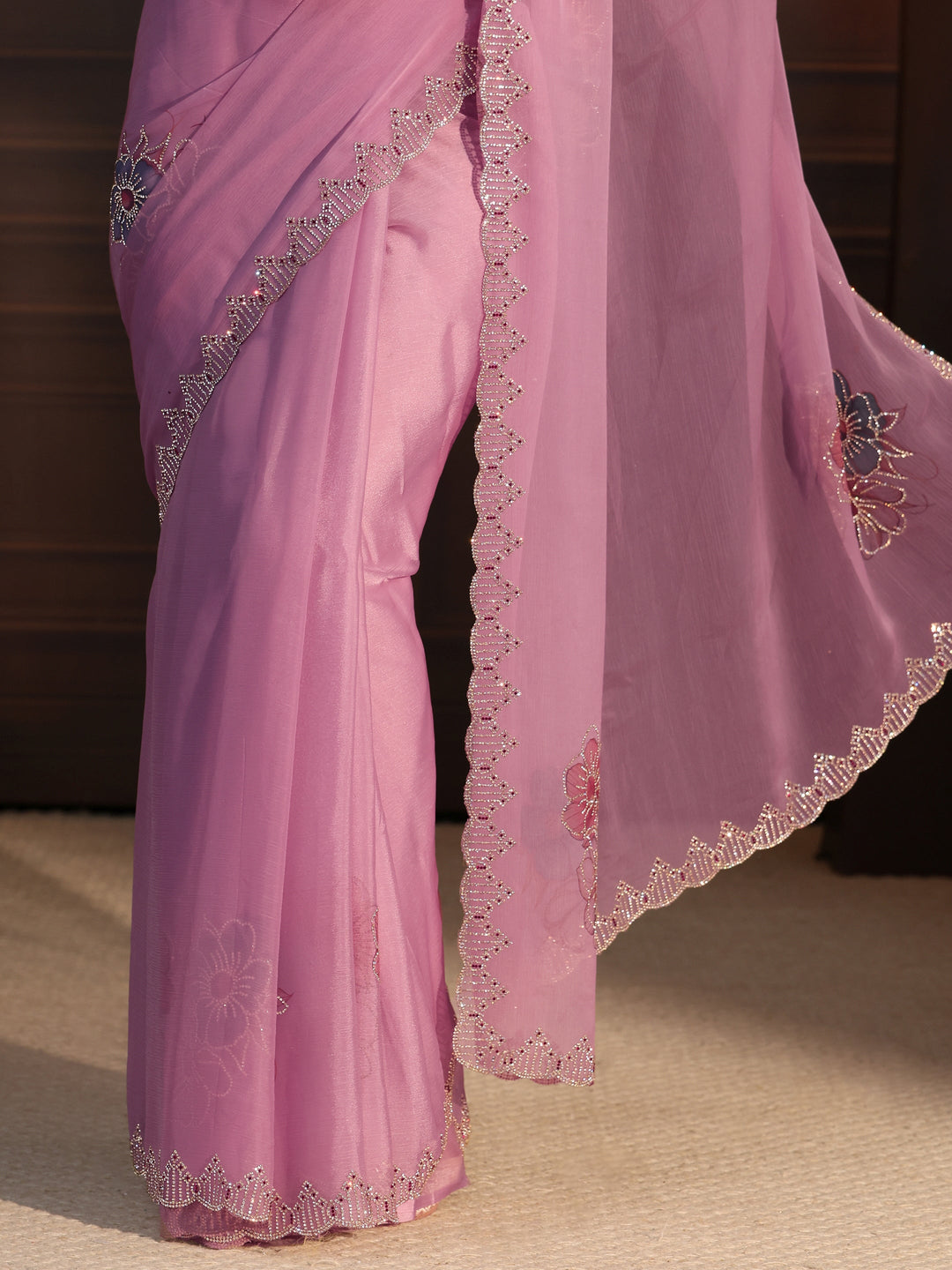  Libas Lavender Floral Embellished Chiffon Saree 