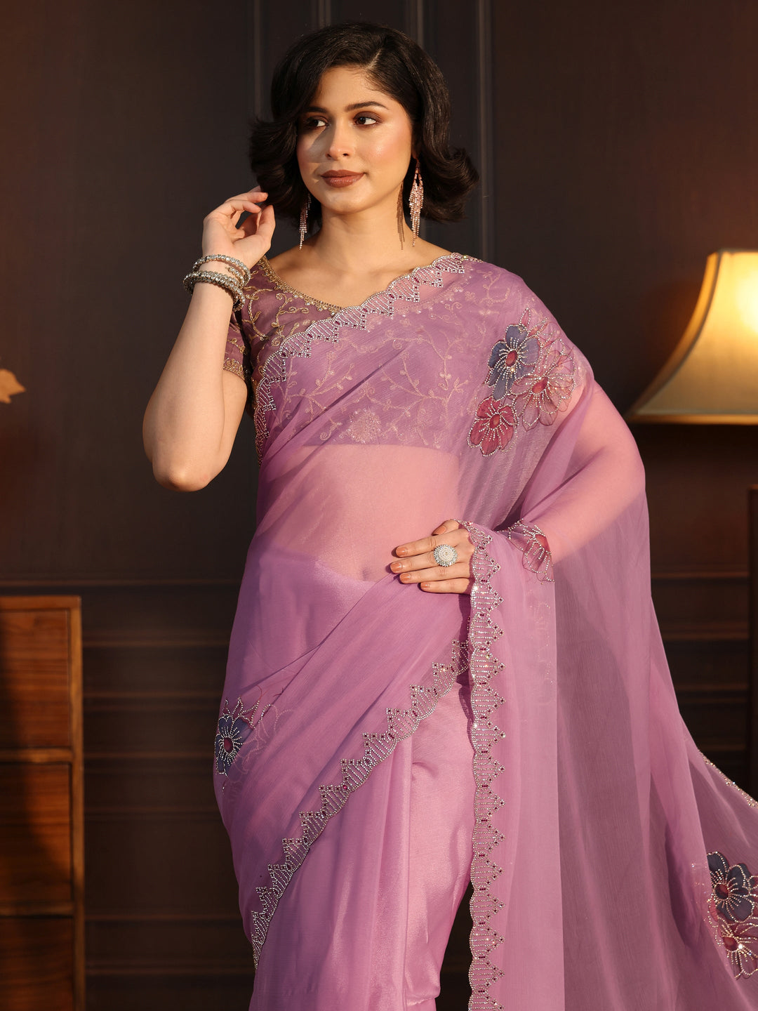  Libas Lavender Floral Embellished Chiffon Saree 