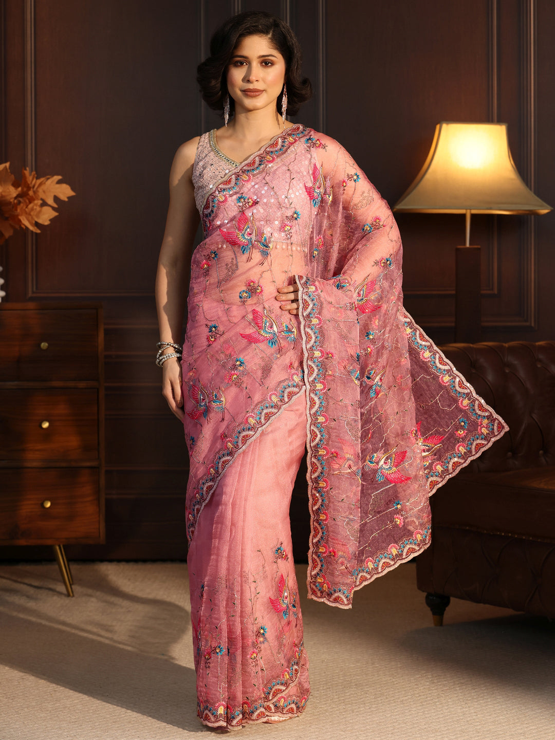  Libas Art Peach Floral Embroidered Tissue Saree 