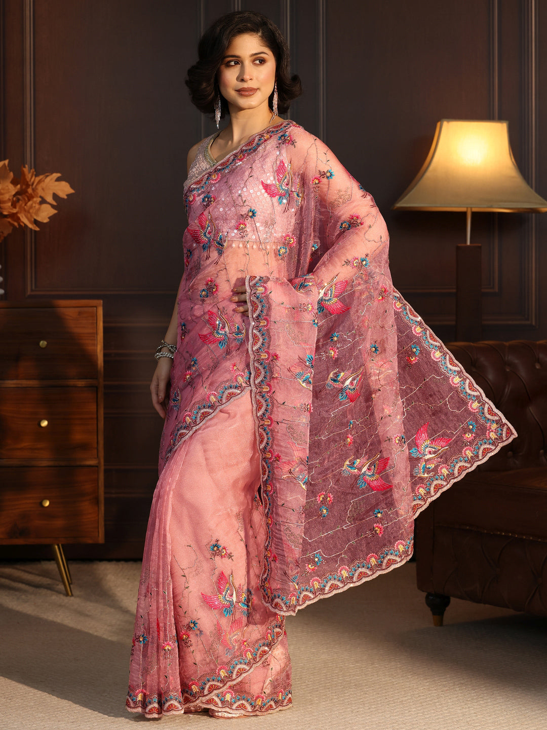  Libas Art Peach Floral Embroidered Tissue Saree 