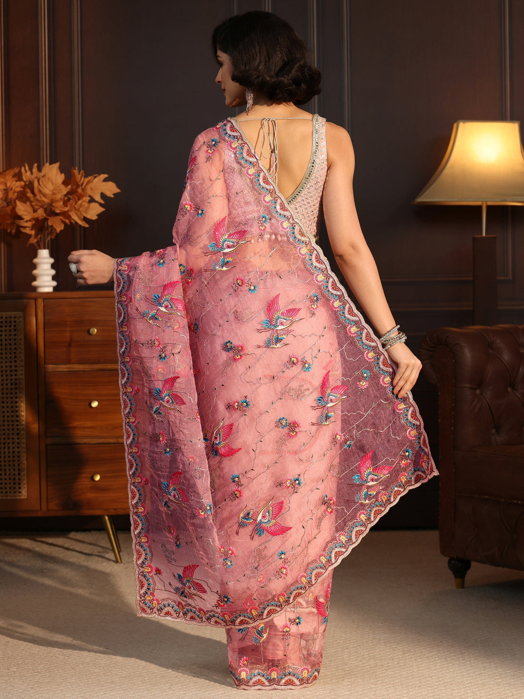  Libas Art Peach Floral Embroidered Tissue Saree 