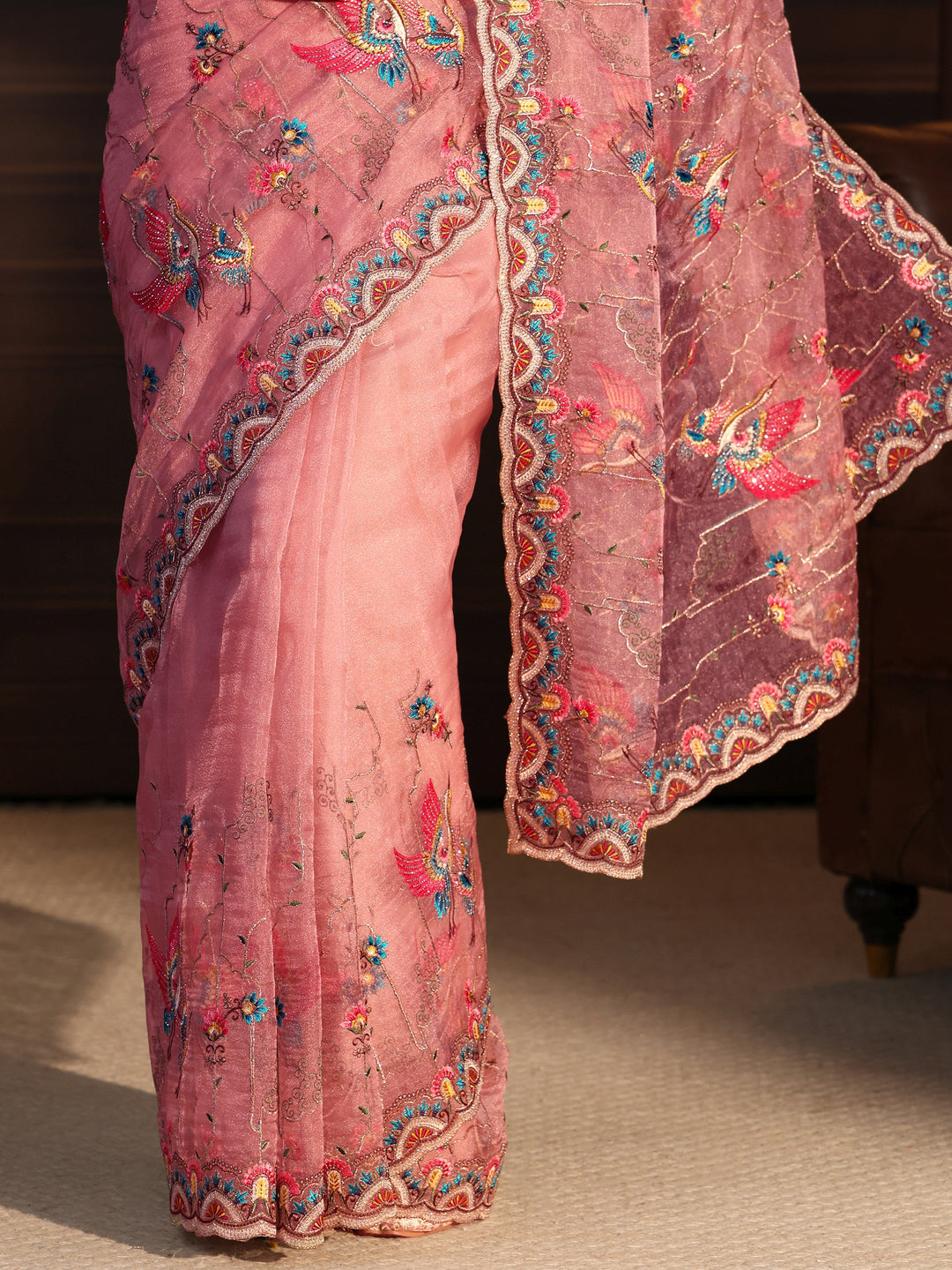  Libas Art Peach Floral Embroidered Tissue Saree 