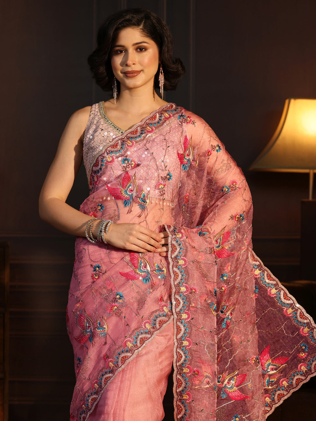 Libas Art Peach Floral Embroidered Tissue Saree 