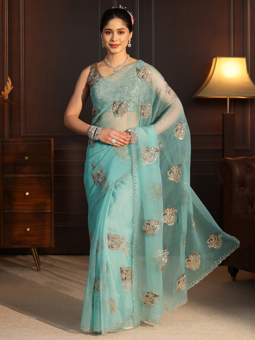  Libas Aqua Blue Floral Embellished Tissue Saree 