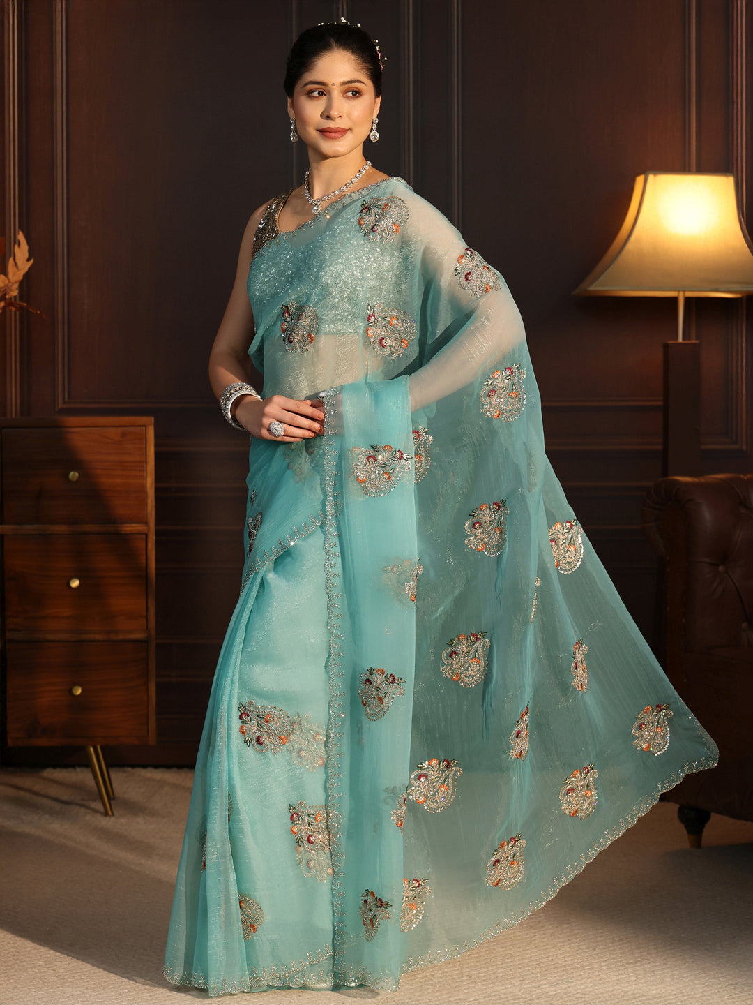  Libas Aqua Blue Floral Embellished Tissue Saree 