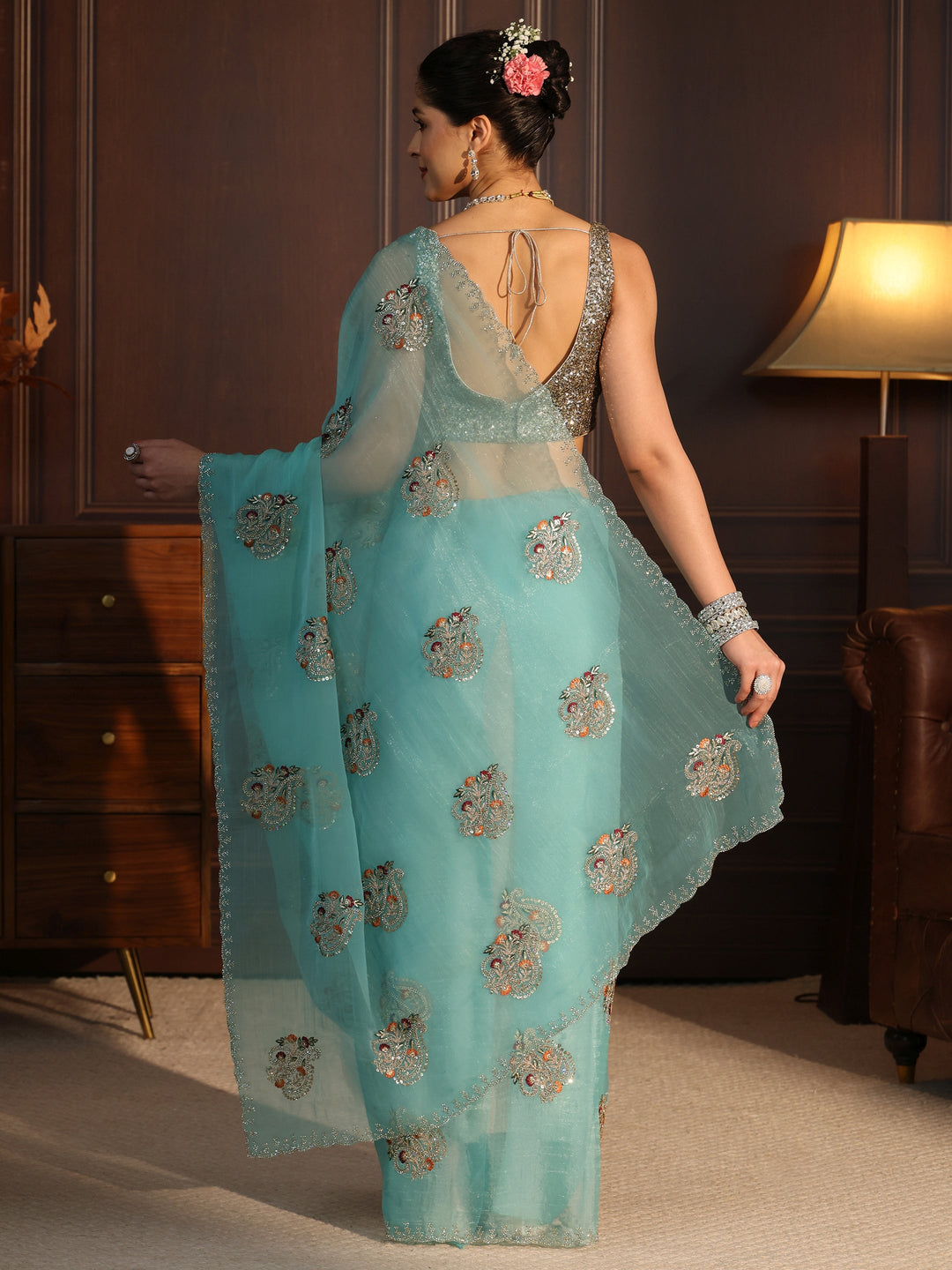  Libas Aqua Blue Floral Embellished Tissue Saree 