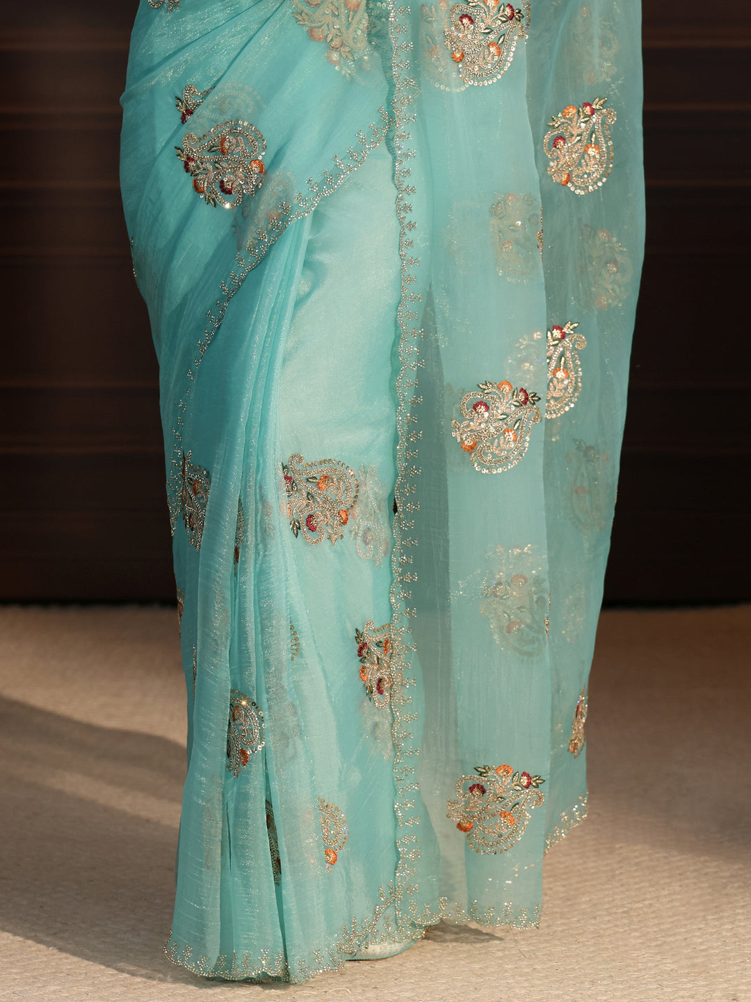  Libas Aqua Blue Floral Embellished Tissue Saree 