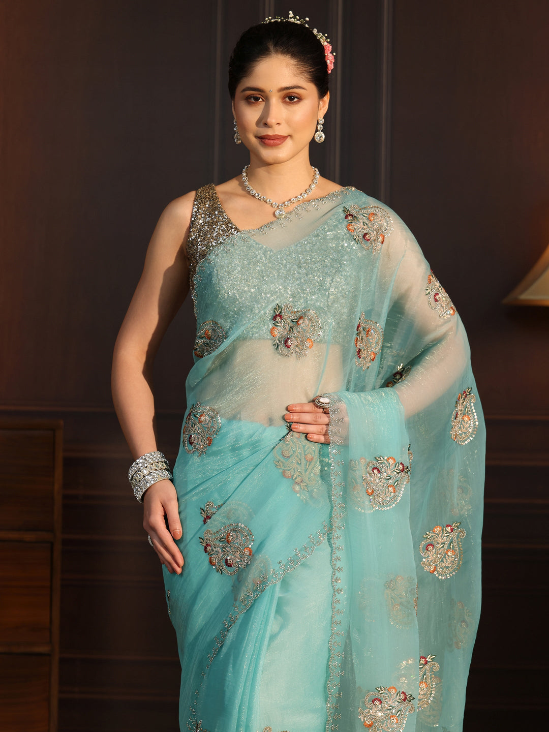  Libas Aqua Blue Floral Embellished Tissue Saree 
