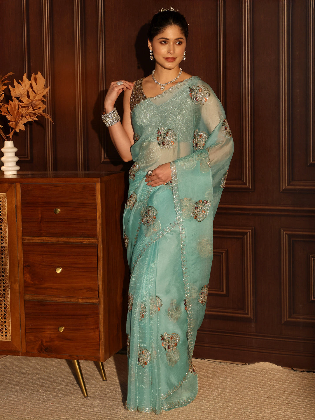  Libas Aqua Blue Floral Embellished Tissue Saree 