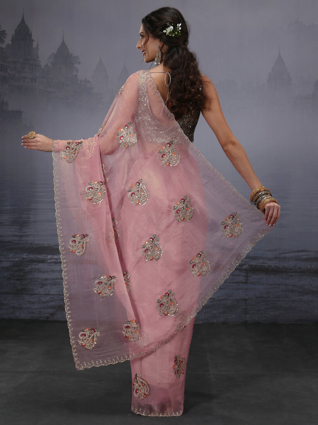  Libas Pink Floral Embroidered Tissue Saree 