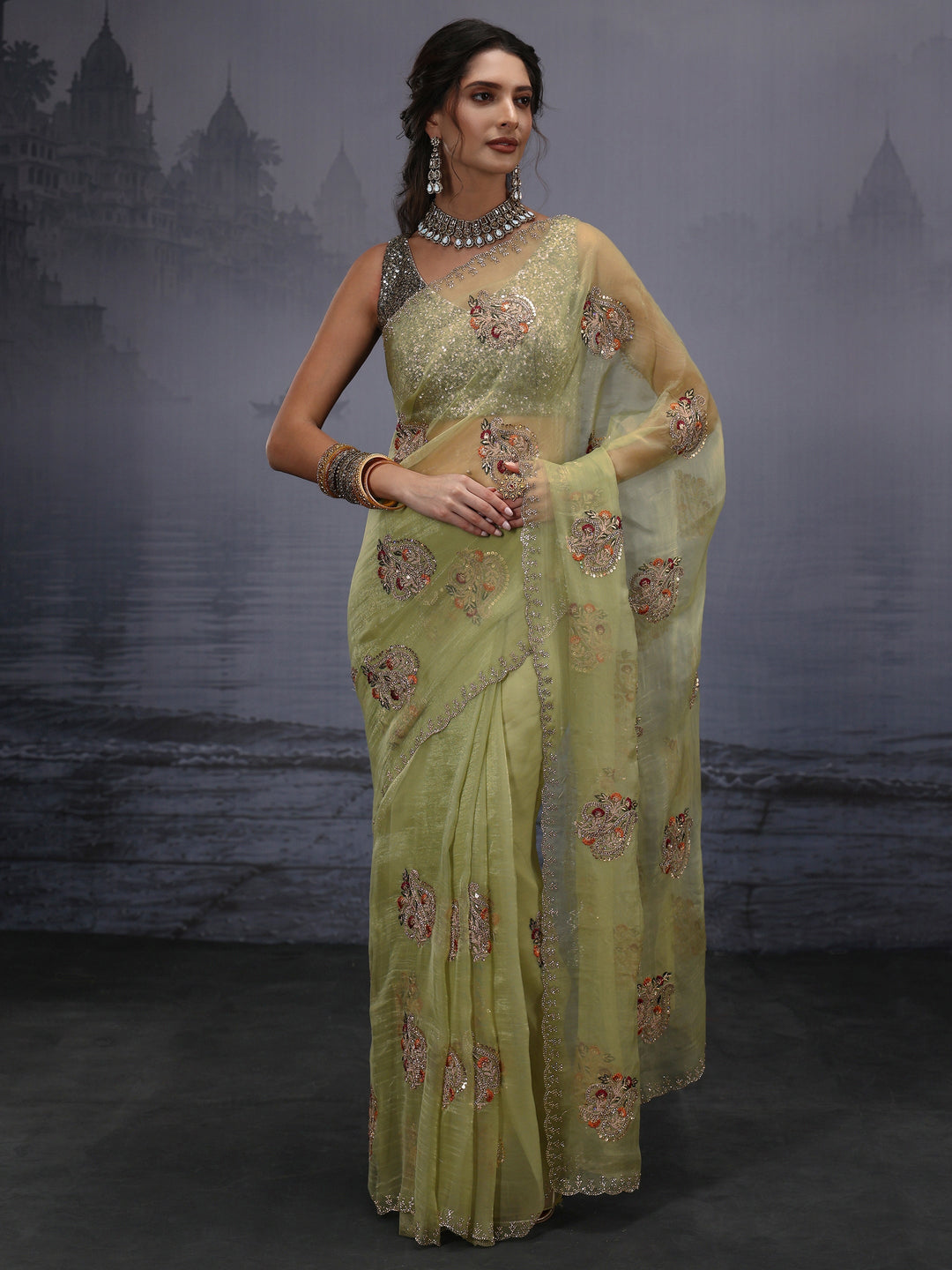  Libas Green Floral Embroidered Tissue Saree 