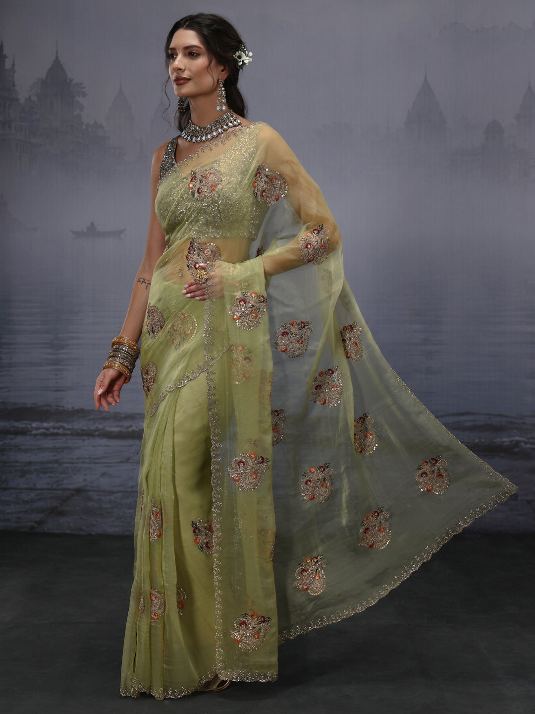  Libas Green Floral Embroidered Tissue Saree 