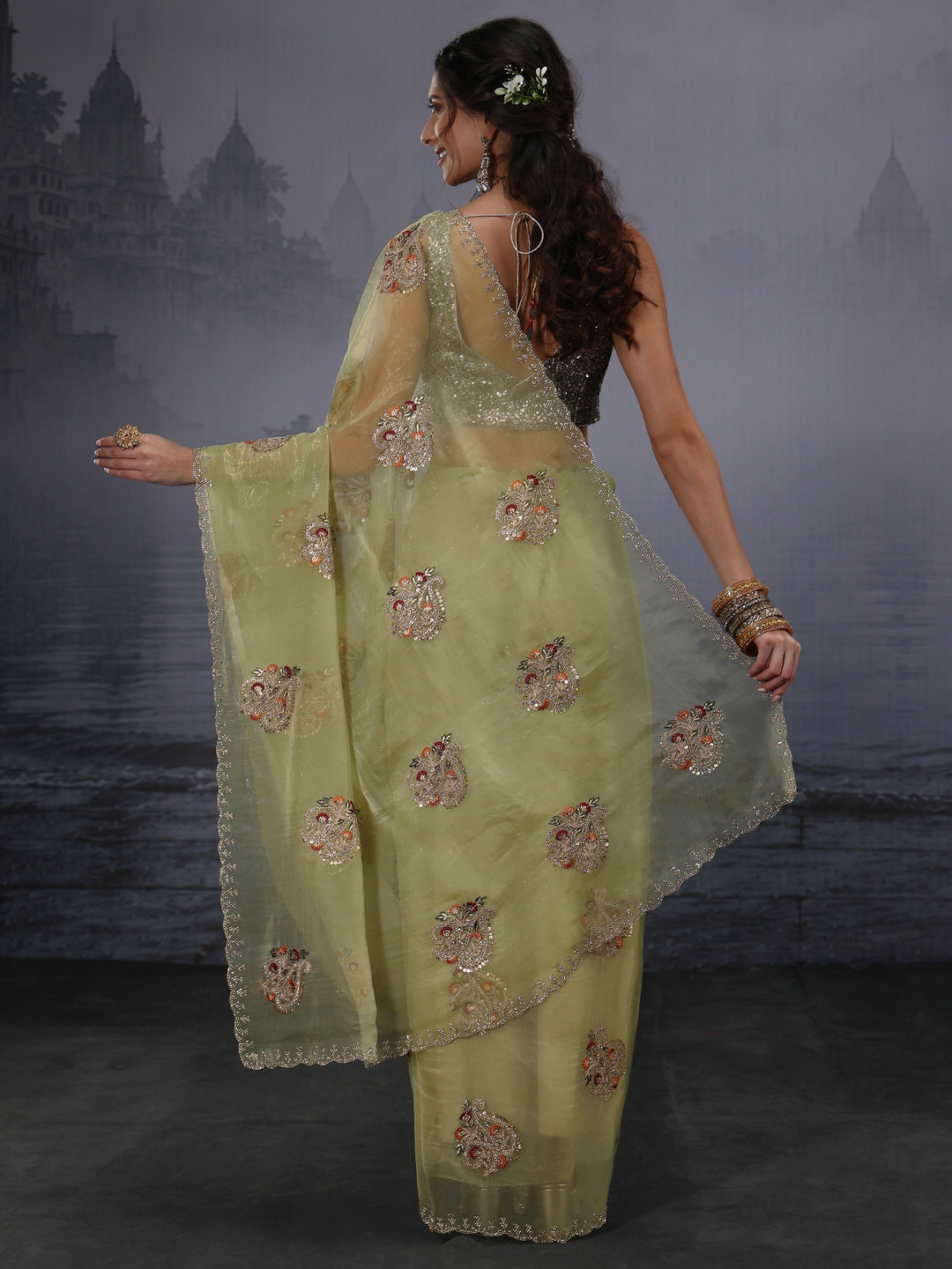  Libas Green Floral Embroidered Tissue Saree 