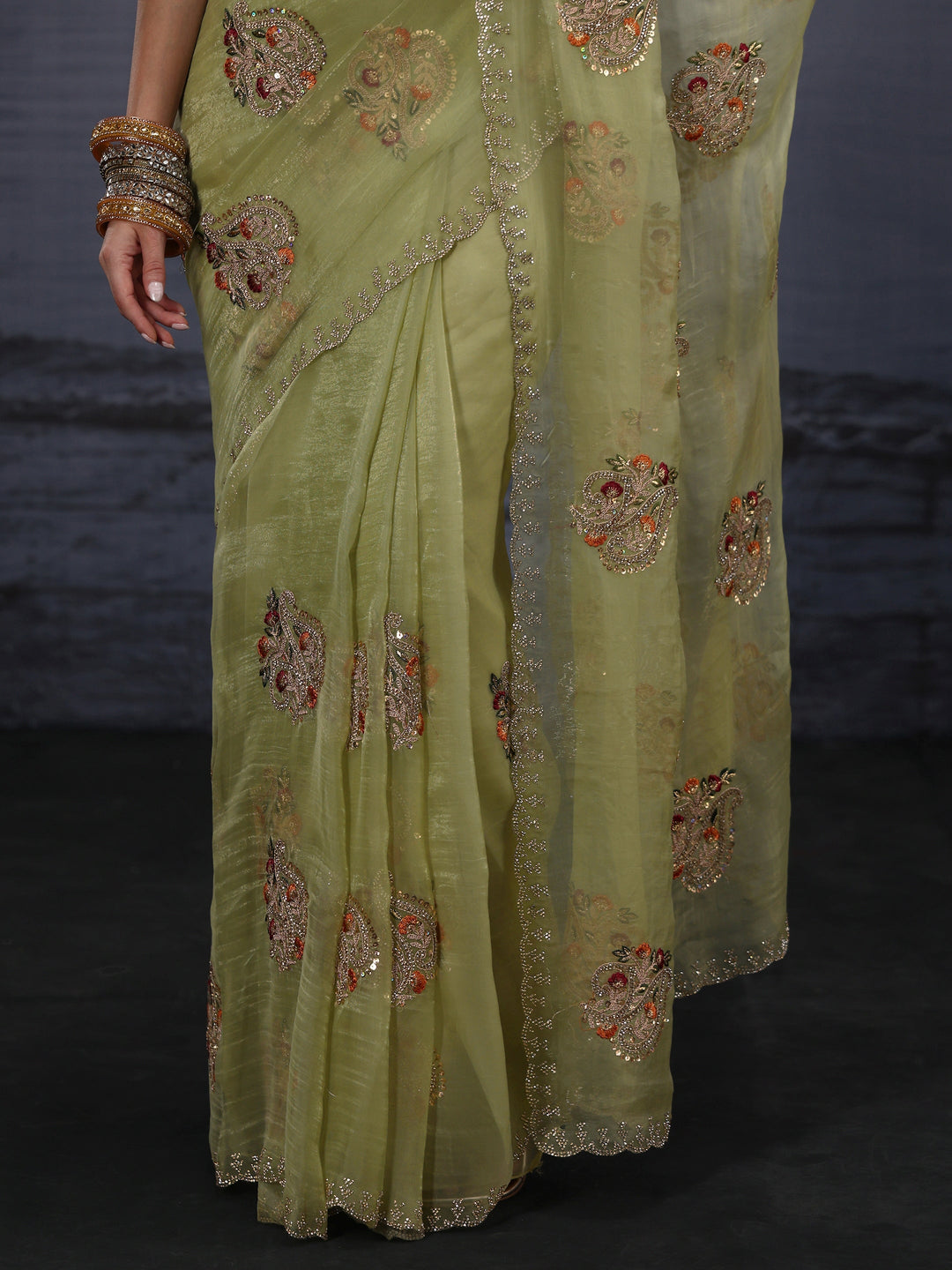  Libas Green Floral Embroidered Tissue Saree 