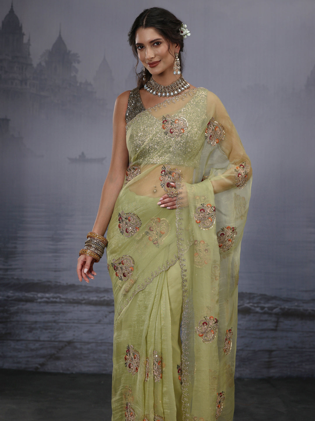  Libas Green Floral Embroidered Tissue Saree 