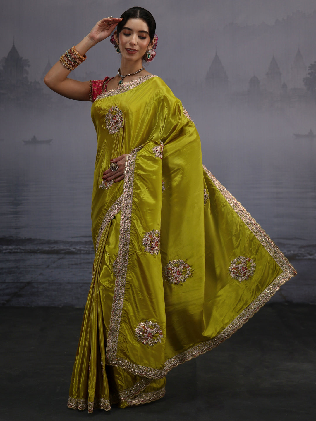  Libas Green Elephant Motif Embroidered Satin Saree 