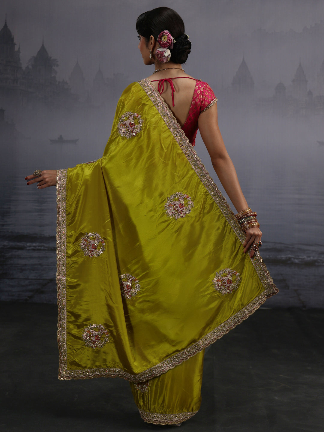  Libas Green Elephant Motif Embroidered Satin Saree 