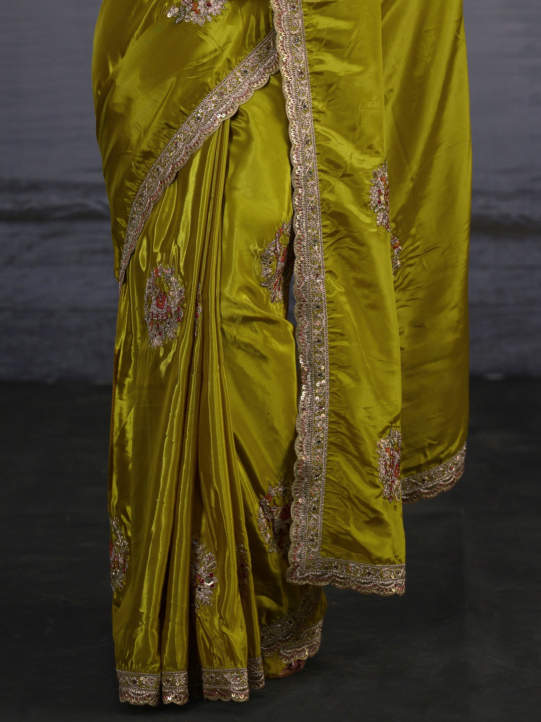  Libas Green Elephant Motif Embroidered Satin Saree 