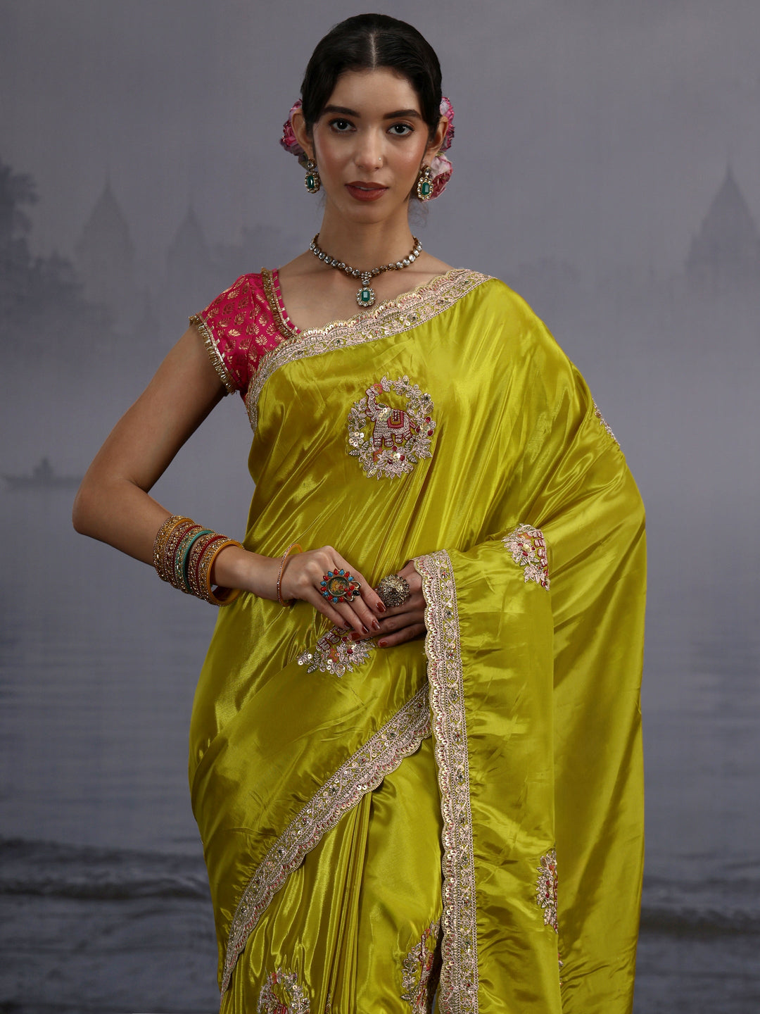  Libas Green Elephant Motif Embroidered Satin Saree 