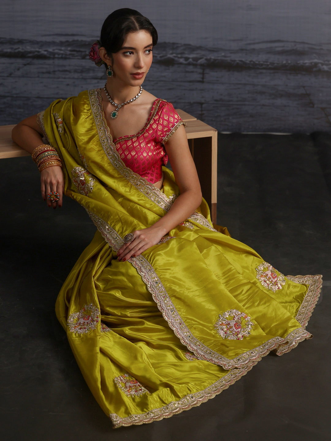  Libas Green Elephant Motif Embroidered Satin Saree 