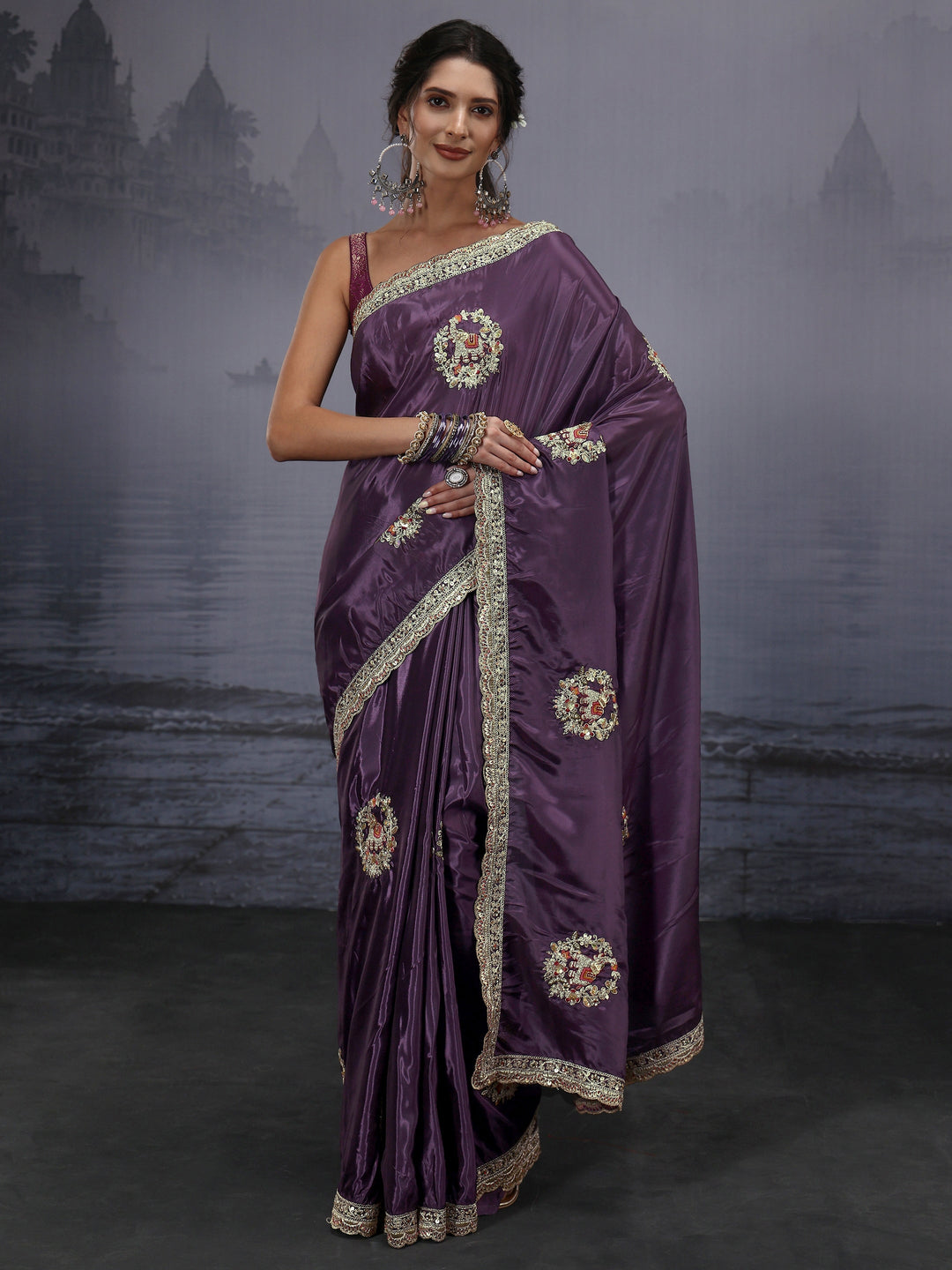  Libas Purple Elephant Motif Embroidered Satin Saree 