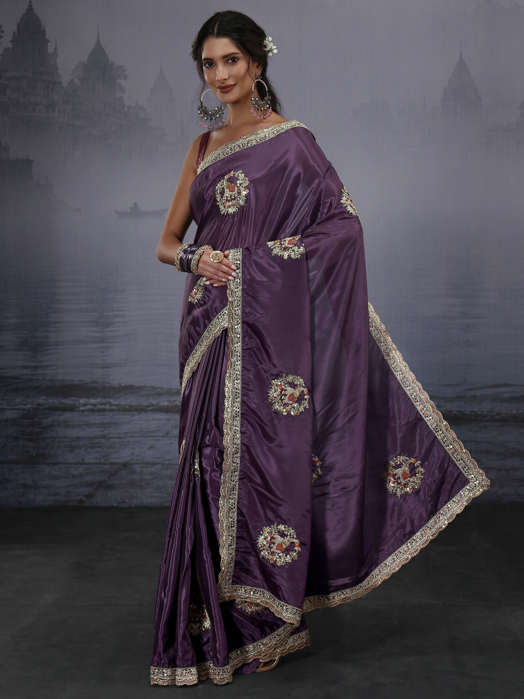  Libas Purple Elephant Motif Embroidered Satin Saree 