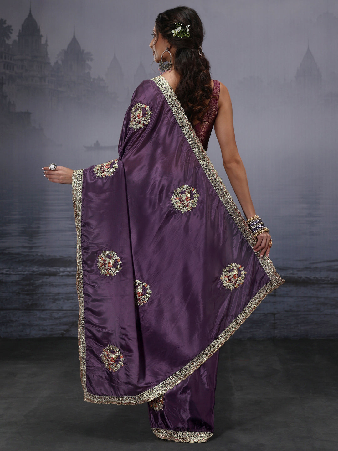  Libas Purple Elephant Motif Embroidered Satin Saree 