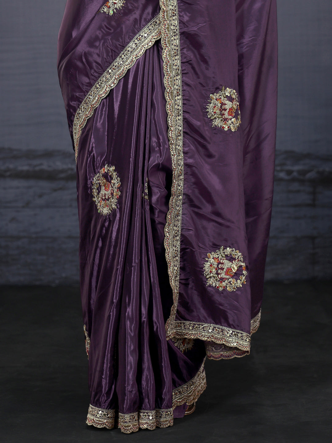  Libas Purple Elephant Motif Embroidered Satin Saree 
