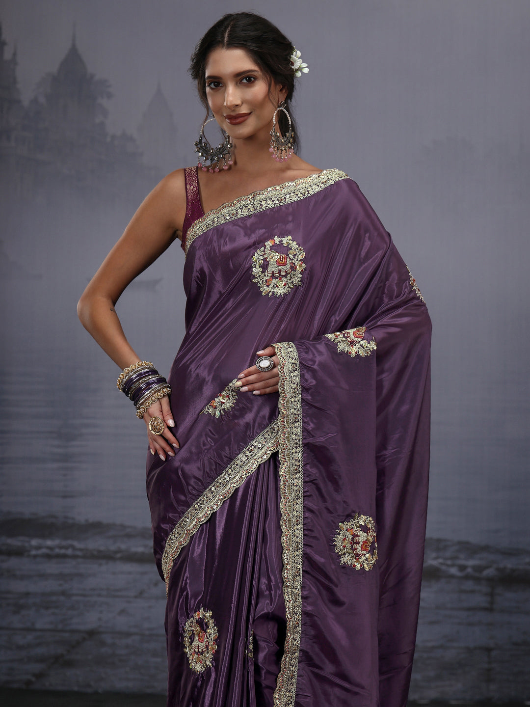  Libas Purple Elephant Motif Embroidered Satin Saree 