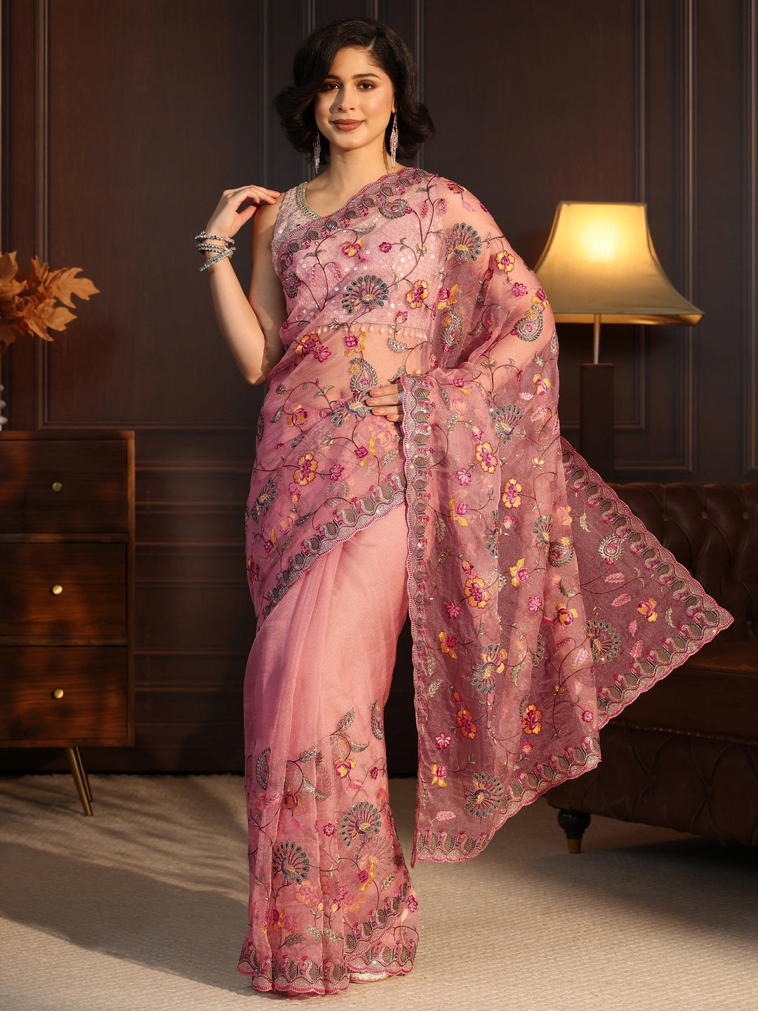  Libas Art Blush Pink Floral Stone Work Embellished Tissue Saree 
