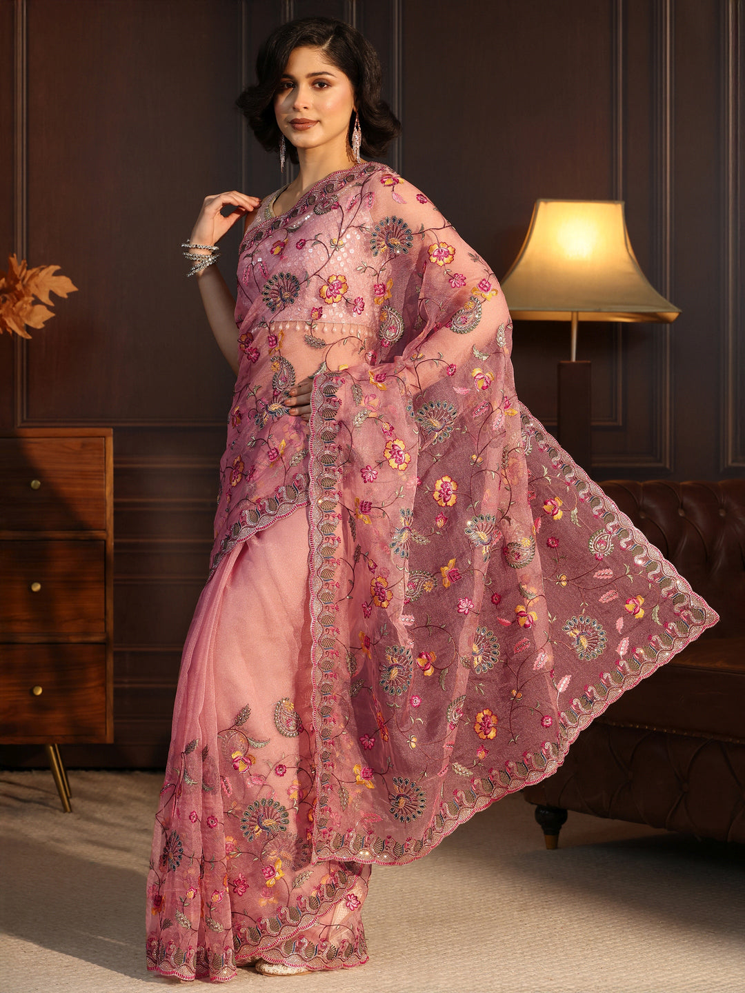  Libas Art Blush Pink Floral Stone Work Embellished Tissue Saree 