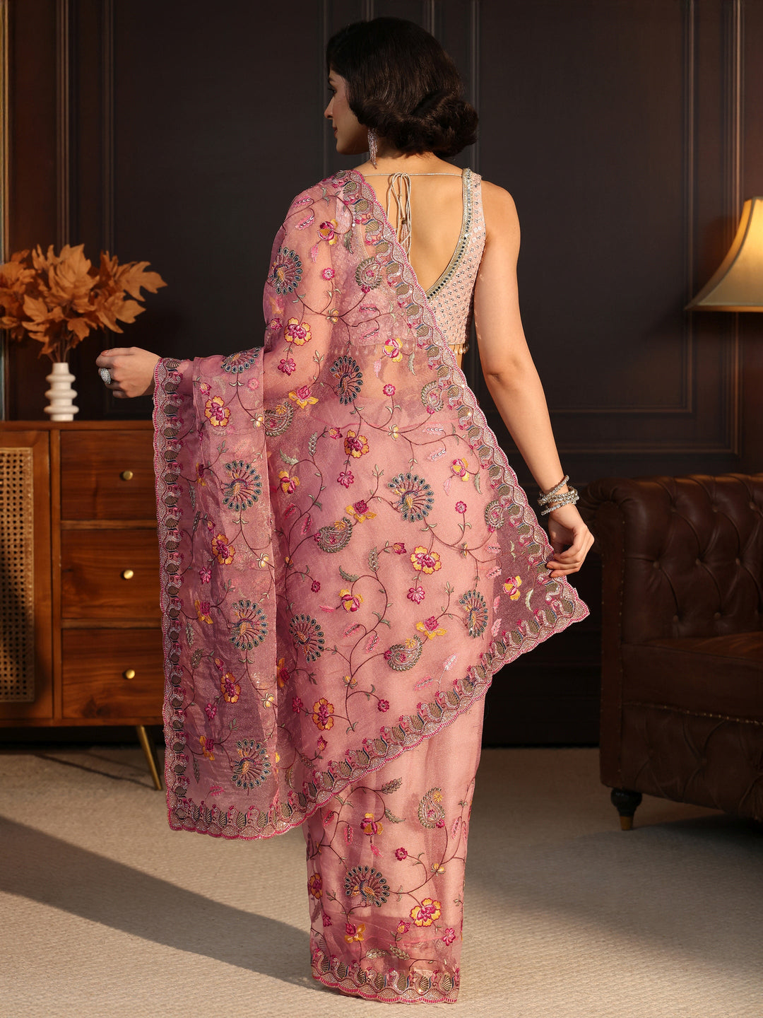  Libas Art Blush Pink Floral Stone Work Embellished Tissue Saree 