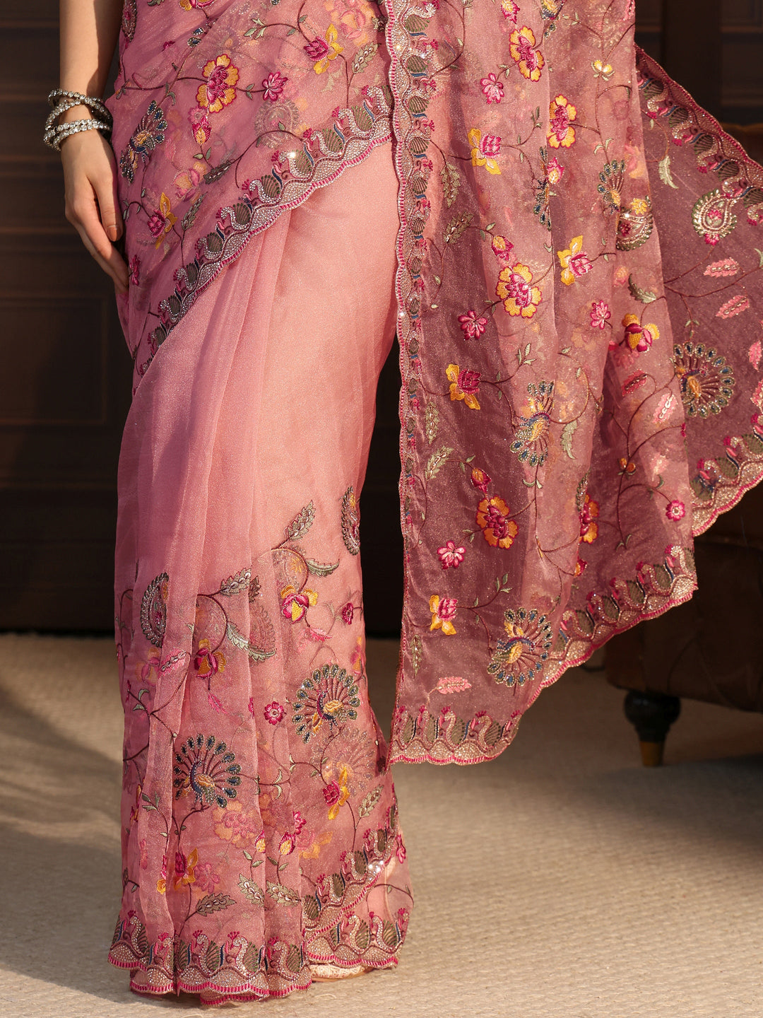  Libas Art Blush Pink Floral Stone Work Embellished Tissue Saree 