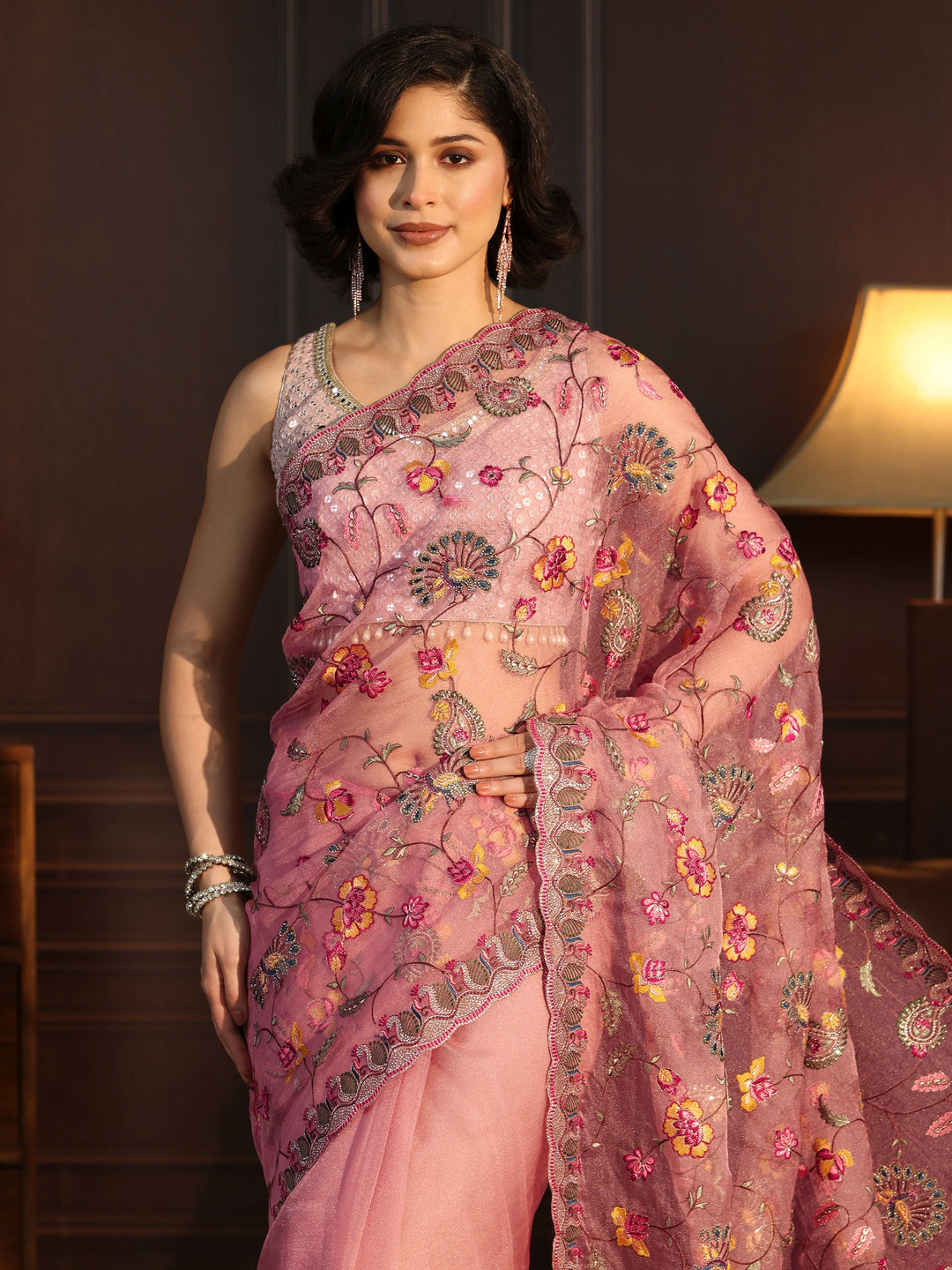  Libas Art Blush Pink Floral Stone Work Embellished Tissue Saree 